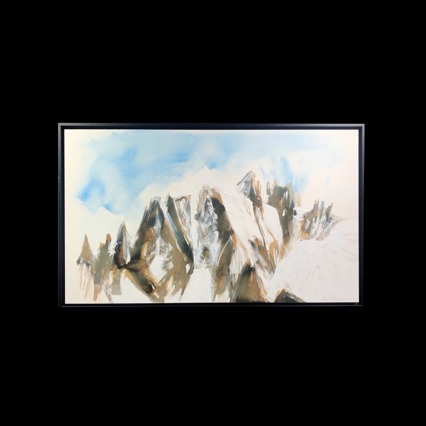 Le couloir en 'Y', Aiguille verte, 
Aquarelle sur papier 300gr contrecollée sur dibond,
64 x 110 cm,
Collection particulière,
2024
Paul de Chatelperron