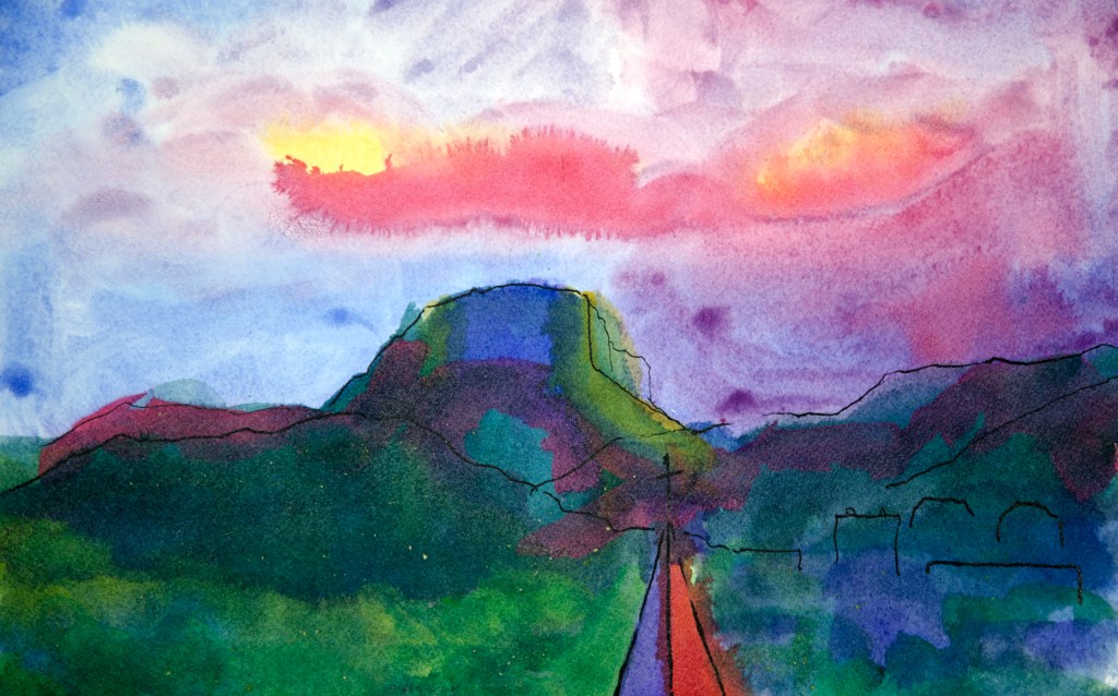 Coucher de Soleil, Le Granier, Chambéry, 
Aquarelle sur Papier, 27 x 36 cm, 
Collection particulière, 2023, Paul de Chatelperron