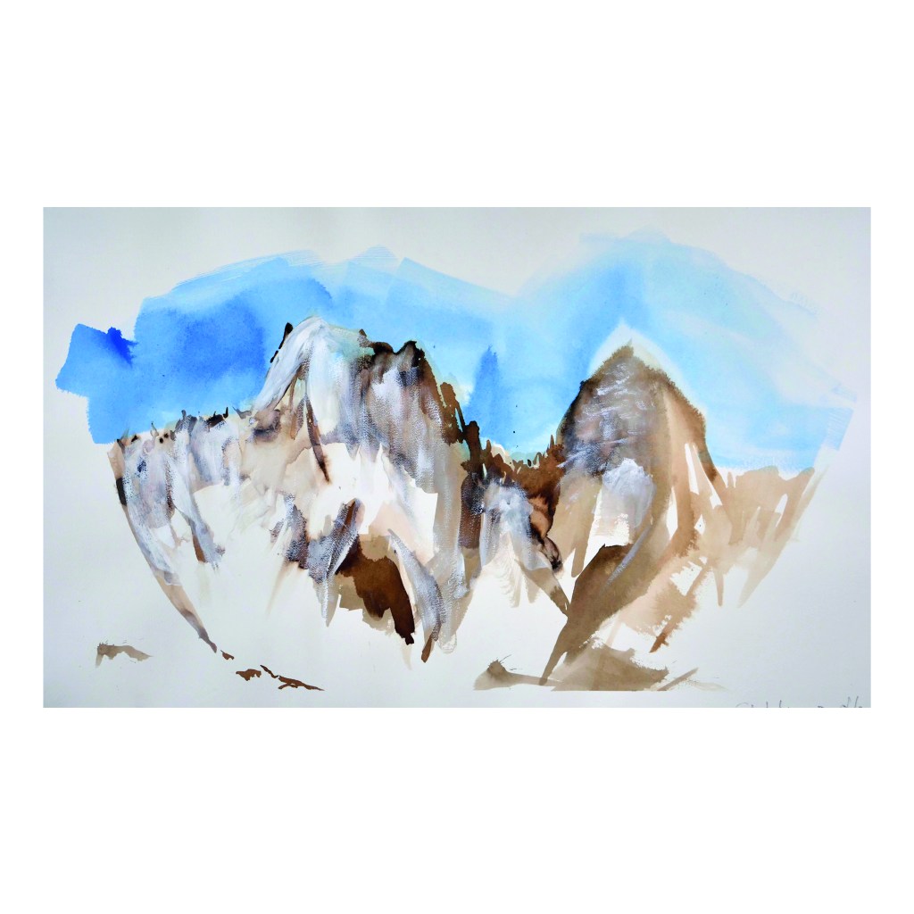 Les Drus, Chamonix,
Aquarelle sur papier 300gr contrecollée sur dibond,
75 x 114 cm,
Collection particulière,
2024
Paul de Chatelperron